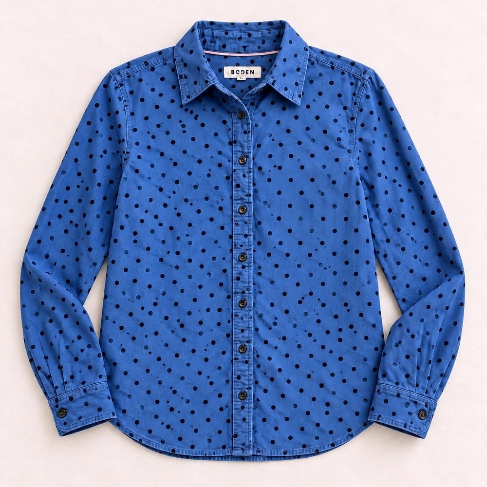 Boden Blue Corduroy Polka Dot Button Down Shirt Women's Size 8